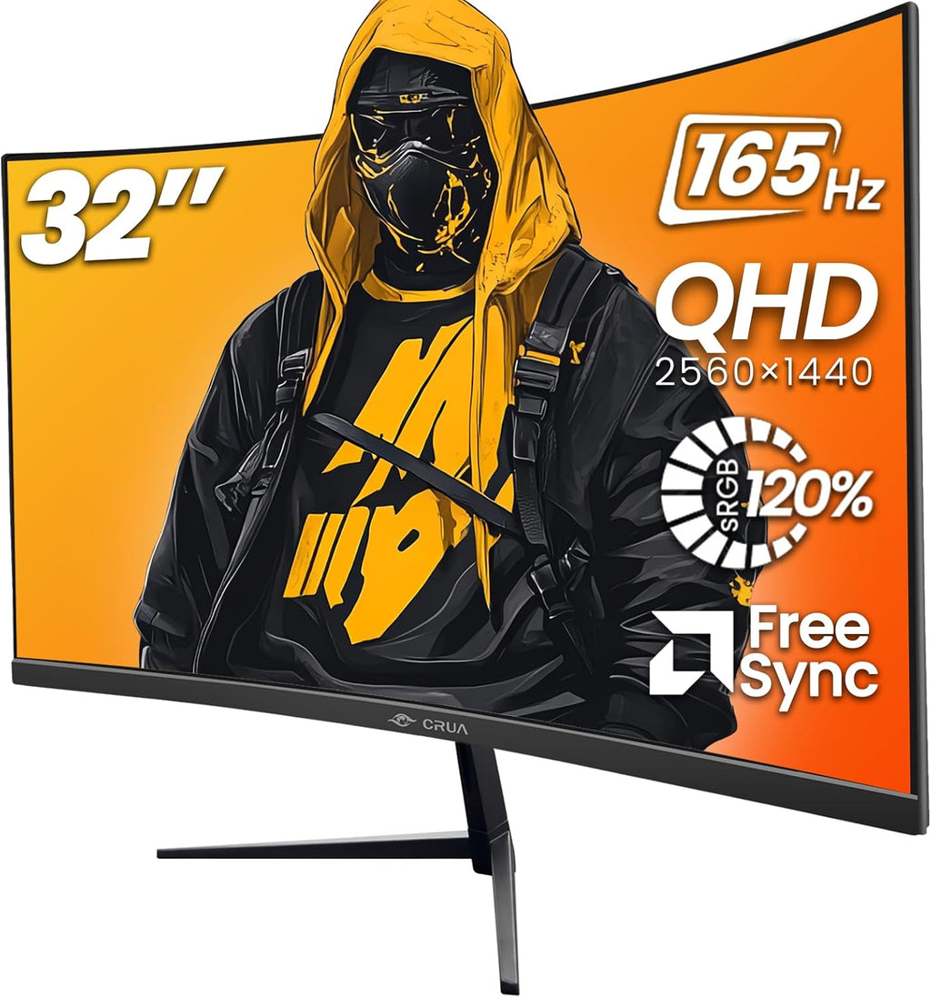 CRUA 32' Curved Gaming Monitor, 2K QHD 2560x1440, 144Hz/165Hz VA Display, 1800R Screen, 120% sRGB, AMD FreeSync, Low Blue Light, HDMI& DP, Wall Mountable PC Monitor for Gaming, Streaming & Work- Black