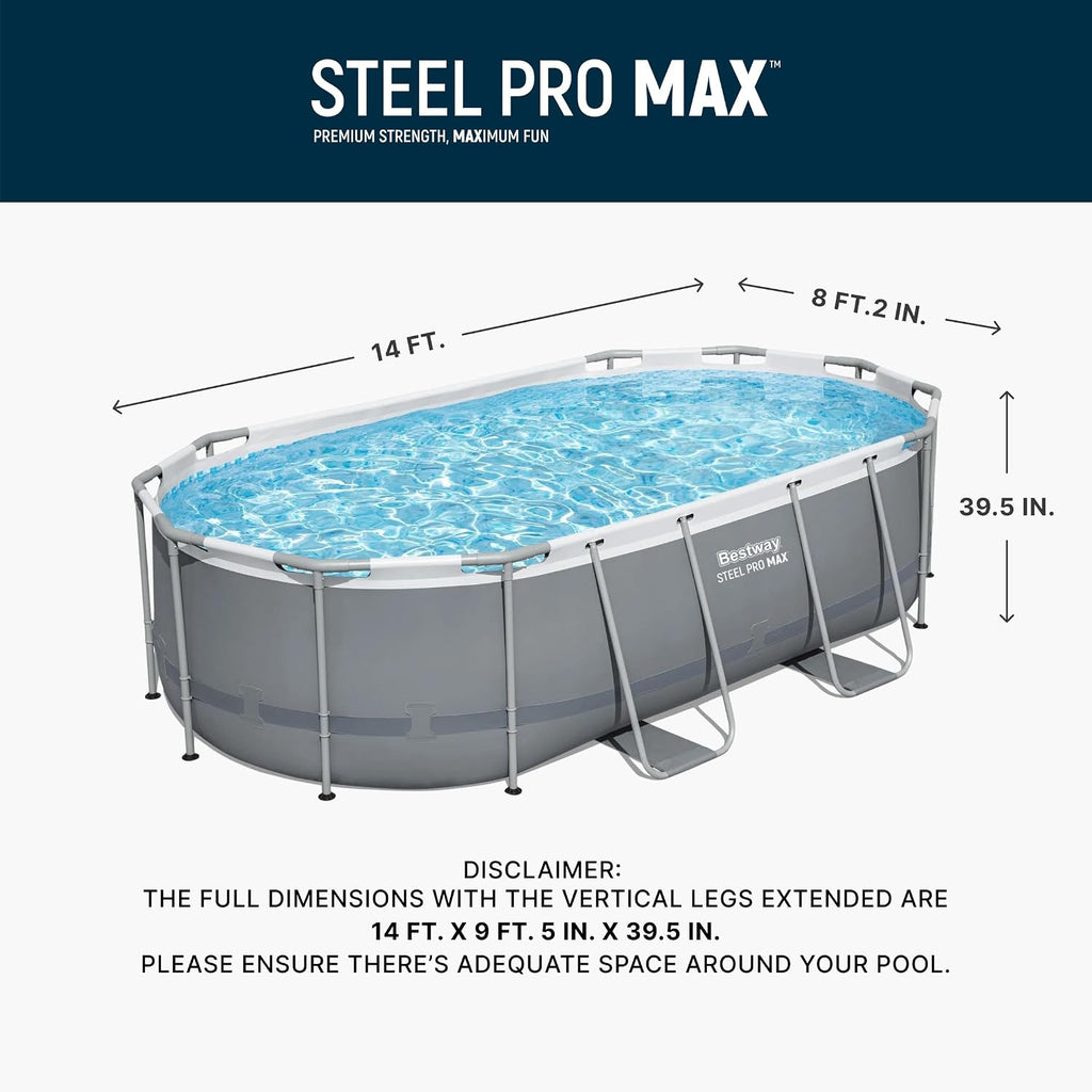 Bestway Steel Pro MAX 14' x 8'2' x 39.5' Oval Above Ground Swimming Pool Set, 530 GPH Filter Pump, Ladder, Tritech Puncture Resistant Liner, ClickConnect Steel Frame, Gray