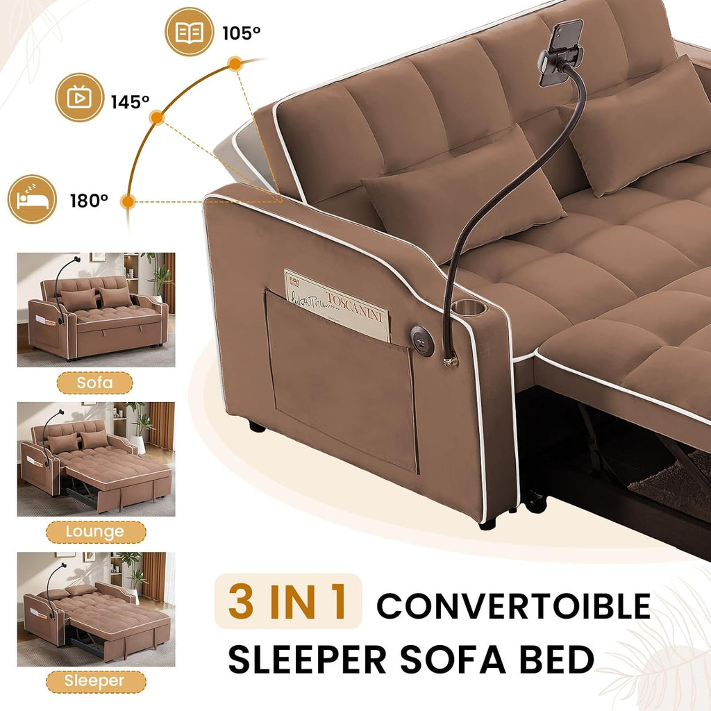 Sleeper Sofa Couch Bed with Phone Holder, Modern 3-in-1 Convertible Velvet Pull Out Loveseat Futon Sofa with USB & Type C Port & Cup Holder for Living Room Bedroom Office