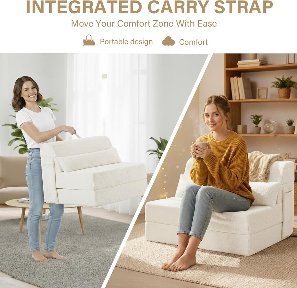 Tiita Convertible Folding Sofa Bed Single Size for Adults with Pillow, Plush Fabric Floor Mattress Couch Bed, Washable Cover & Side Pocket, Guest Room, Dorm, Apartment, Living Room, Beige