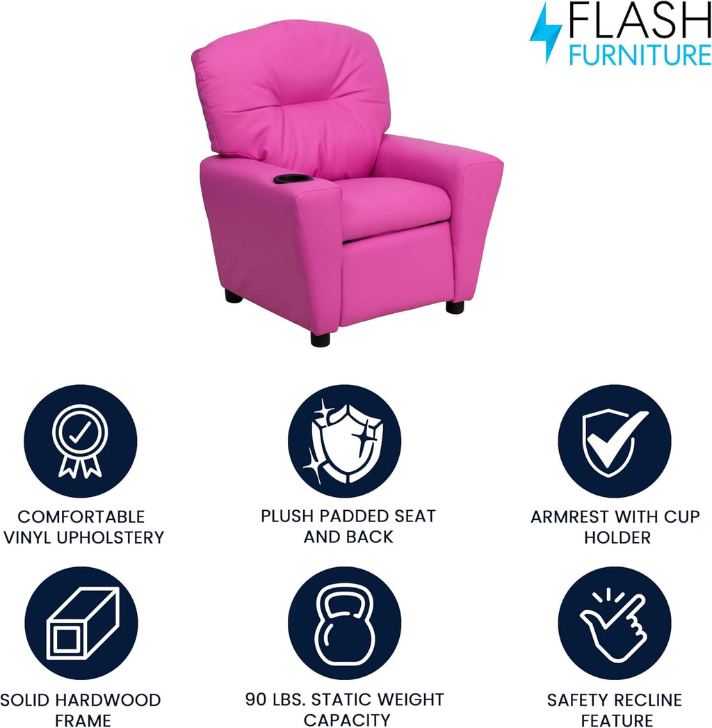 Flash Furniture Chandler Vinyl Kids Recliner with Cup Holder and Safety Recline, Contemporary Reclining Chair for Kids, Supports up to 90 lbs., Hot Pink