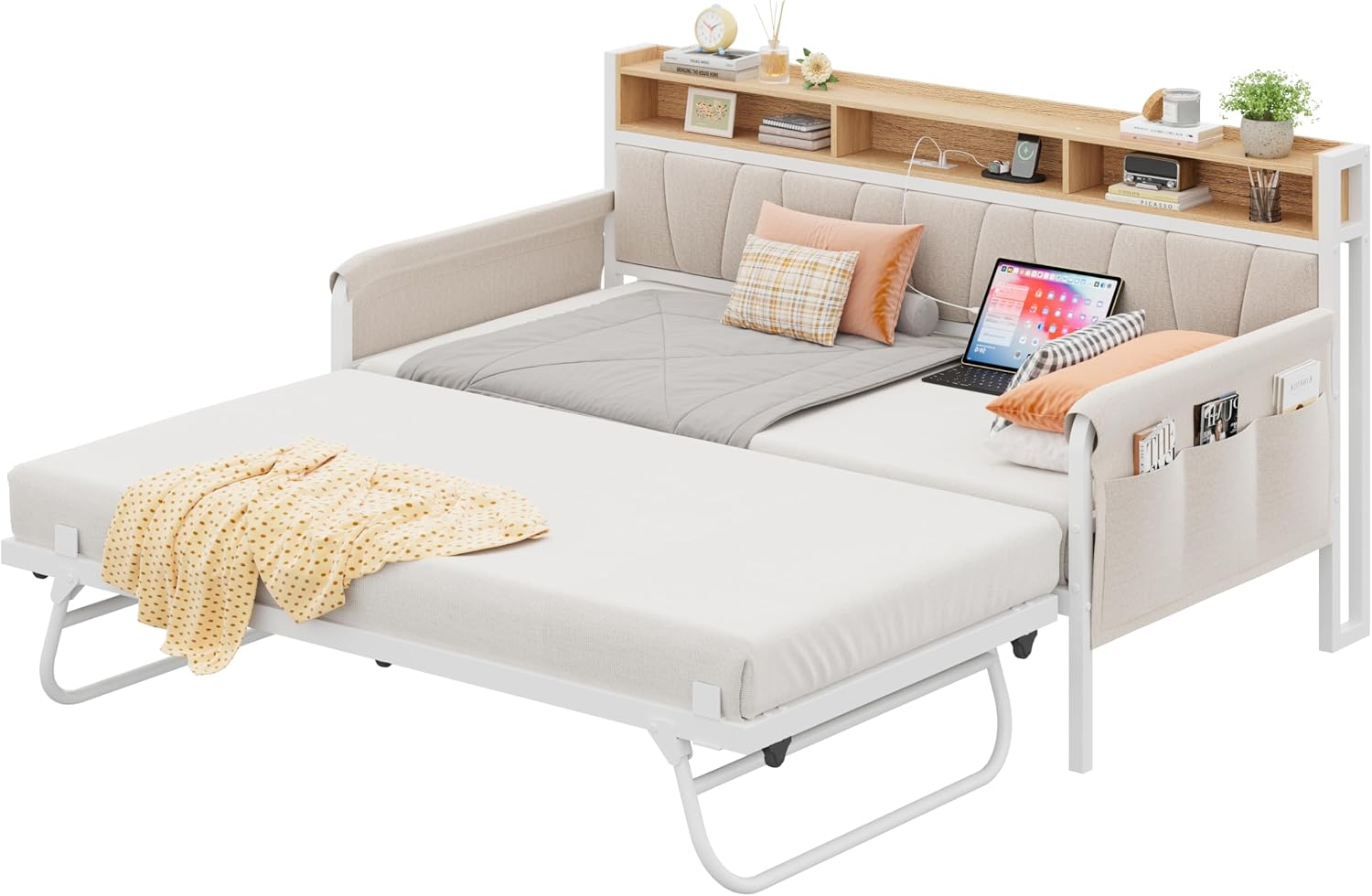 LIKIMIO Daybed with Trundle Bed, Twin Bed Frame with Upholstered Storage Headboard and Charging Station, Sofa Day Bed with Strong Supports for Living Room, Bedroom, and Guest Room, White