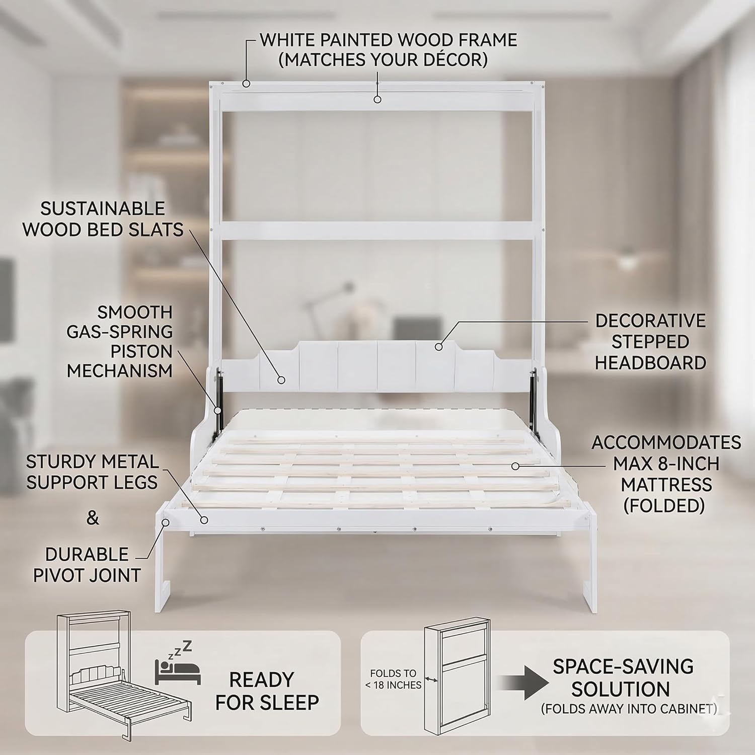 Merax Queen Size Murphy Bed, Wooden Queen Murphy Bed Wall Bed with Sofa and Cushion, for Home Office or Small Room, White