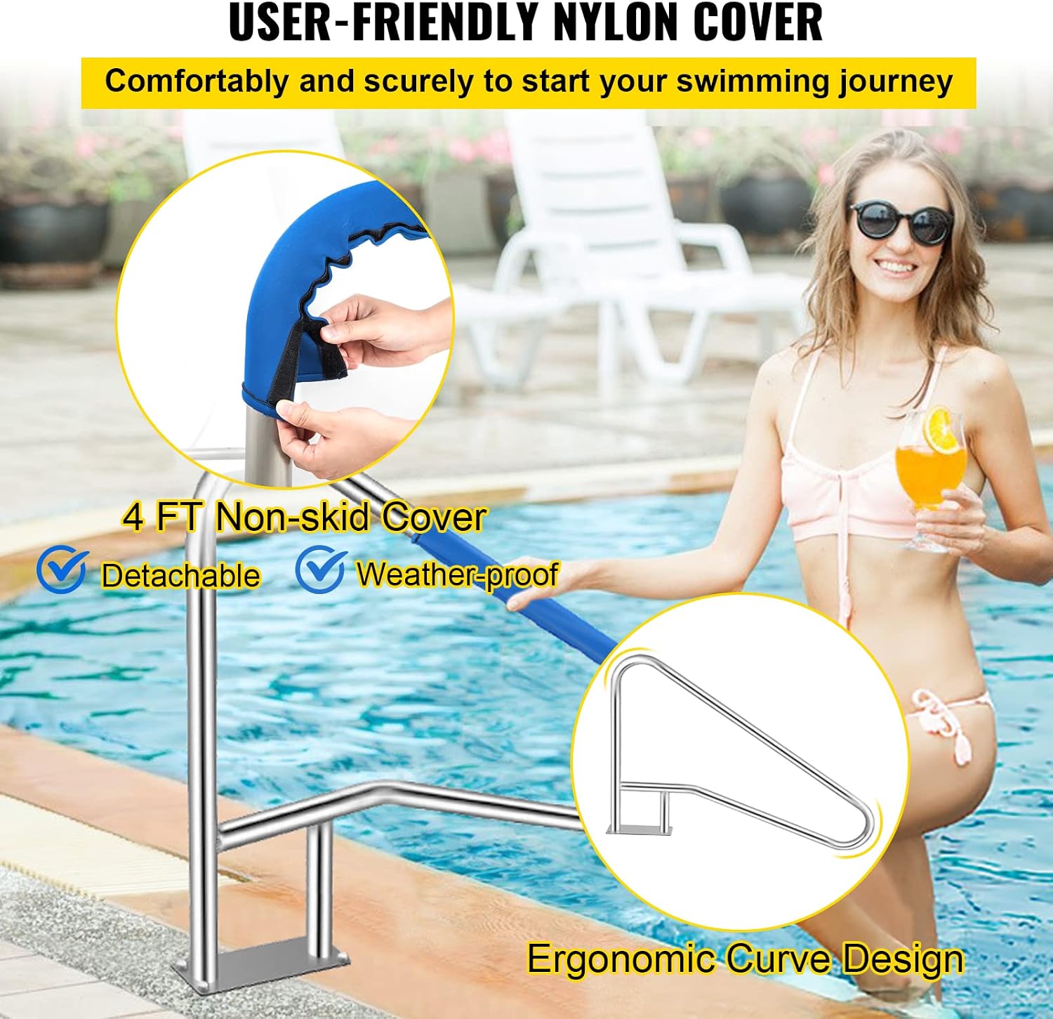 VEVOR Pool Rail 55x32 Pool Railing 304 Stainless Steel 250LBS Load Capacity Silver Rustproof Pool Handrail Humanized Swimming Pool Handrail with Blue Grip Cover & M8 Drill Bit & Self-Taping Screws
