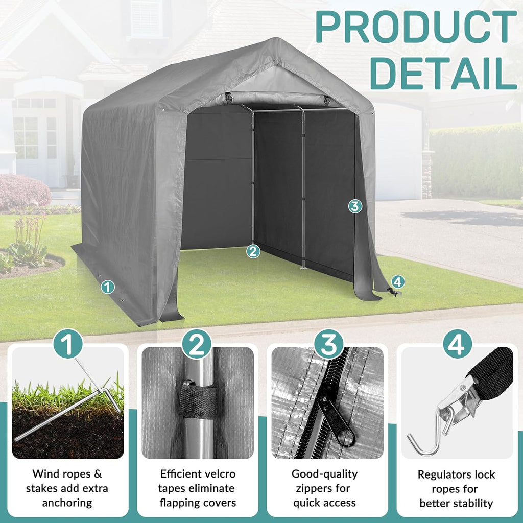 VINGLI Outdoor Portable Storage Shed, Heavy Duty Bike Tent with Roll-up Zipper Door, Waterproof and UV Resistent Carport for Motorcycle, Garden Tools and Firewood (8x8x6.7ft)