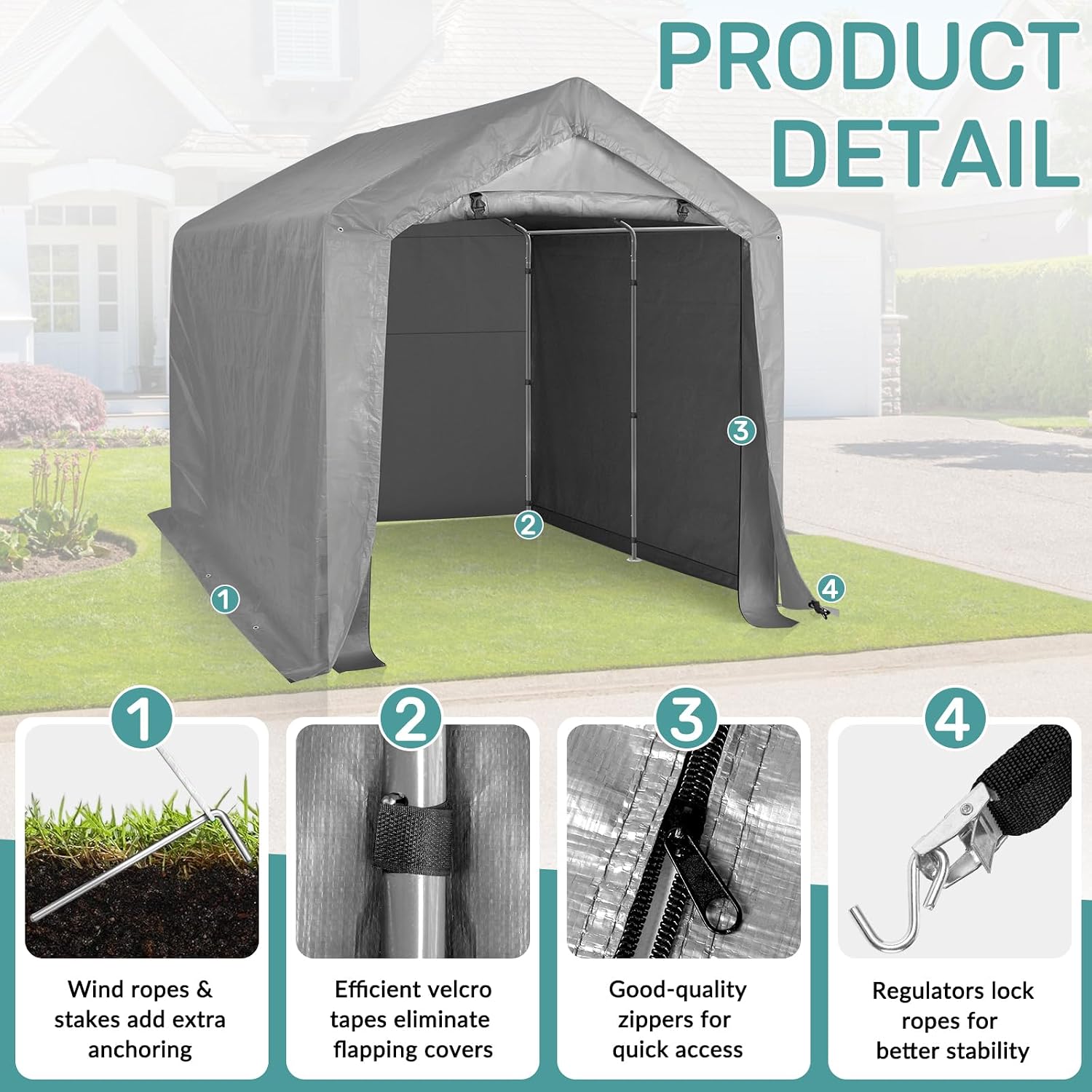 VINGLI Outdoor Portable Storage Shed, Heavy Duty Bike Tent with Roll-up Zipper Door, Waterproof and UV Resistent Carport for Motorcycle, Garden Tools and Firewood (8x8x6.7ft)
