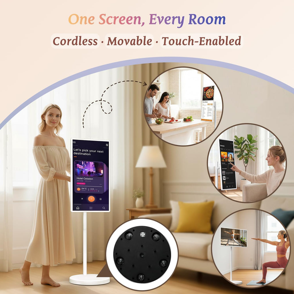 32 Inch Smart Portable TV, FHD Touch Screen Monitor on Wheels, Android 15, 8GB +128GB, Wireless Movable Display EDLA-Certified 5MP Camera 10W Stereo Speaker, 38,400 mAh Battery, Voice Airmouse Remote