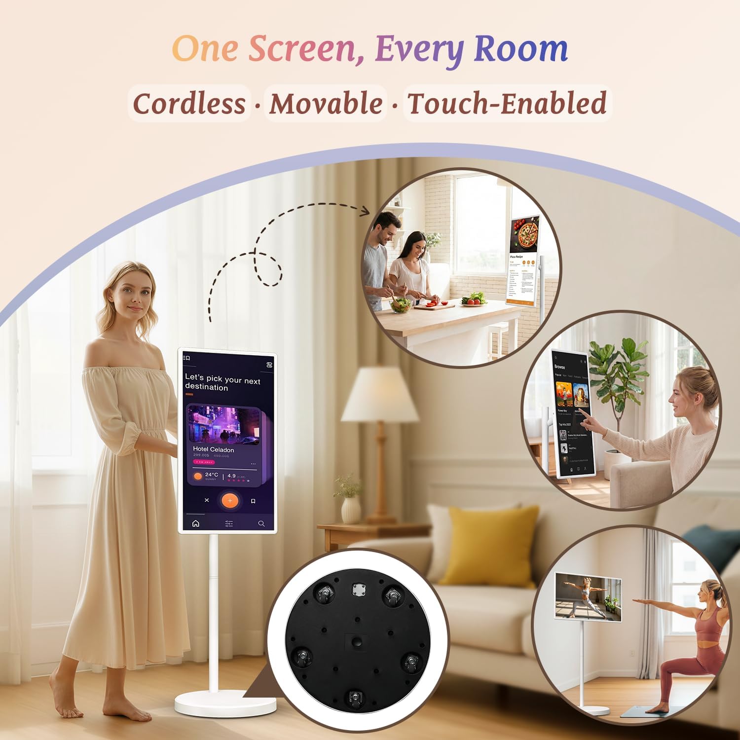 32 Inch Smart Portable TV, FHD Touch Screen Monitor on Wheels, Android 15, 8GB +128GB, Wireless Movable Display EDLA-Certified 5MP Camera 10W Stereo Speaker, 38,400 mAh Battery, Voice Airmouse Remote
