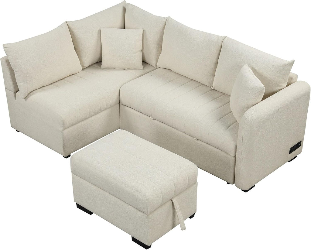 LUMISOL 82.6' Convertible Sleeper Sofa Bed with Storage Ottoman, L-Shaped Sectional Sofa with Charging Stations, Pull Out Sofa Couch with Chaise for Living Room, Apartment, Beige
