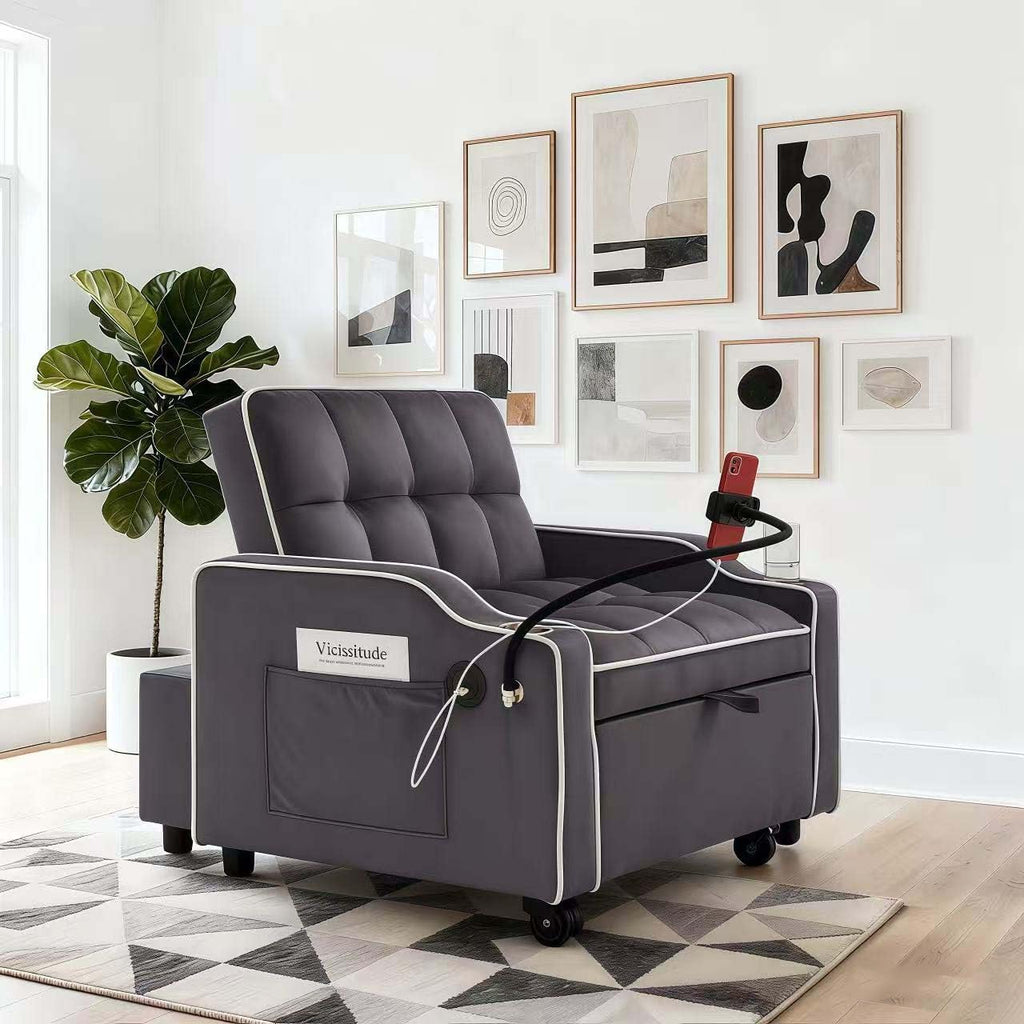 Convertible Armchair Sofa Bed with USB Port & Phone Holder, Pull-Out Single Chair Bed Sleeper for Small Spaces, Modern Upholstered Recliner Chair (Grey)