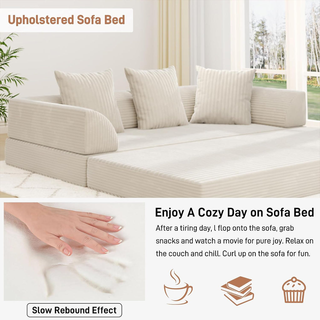 Folding Convertible Sofa Bed with 3 Pillows, 79 ' Corduroy Boneless Couch with Armrest Pockets, Lounge Loveseat Sleeper with Pull Out Bed, Memory Foam Compressed Sofa for Living Room Bedroom, Beige
