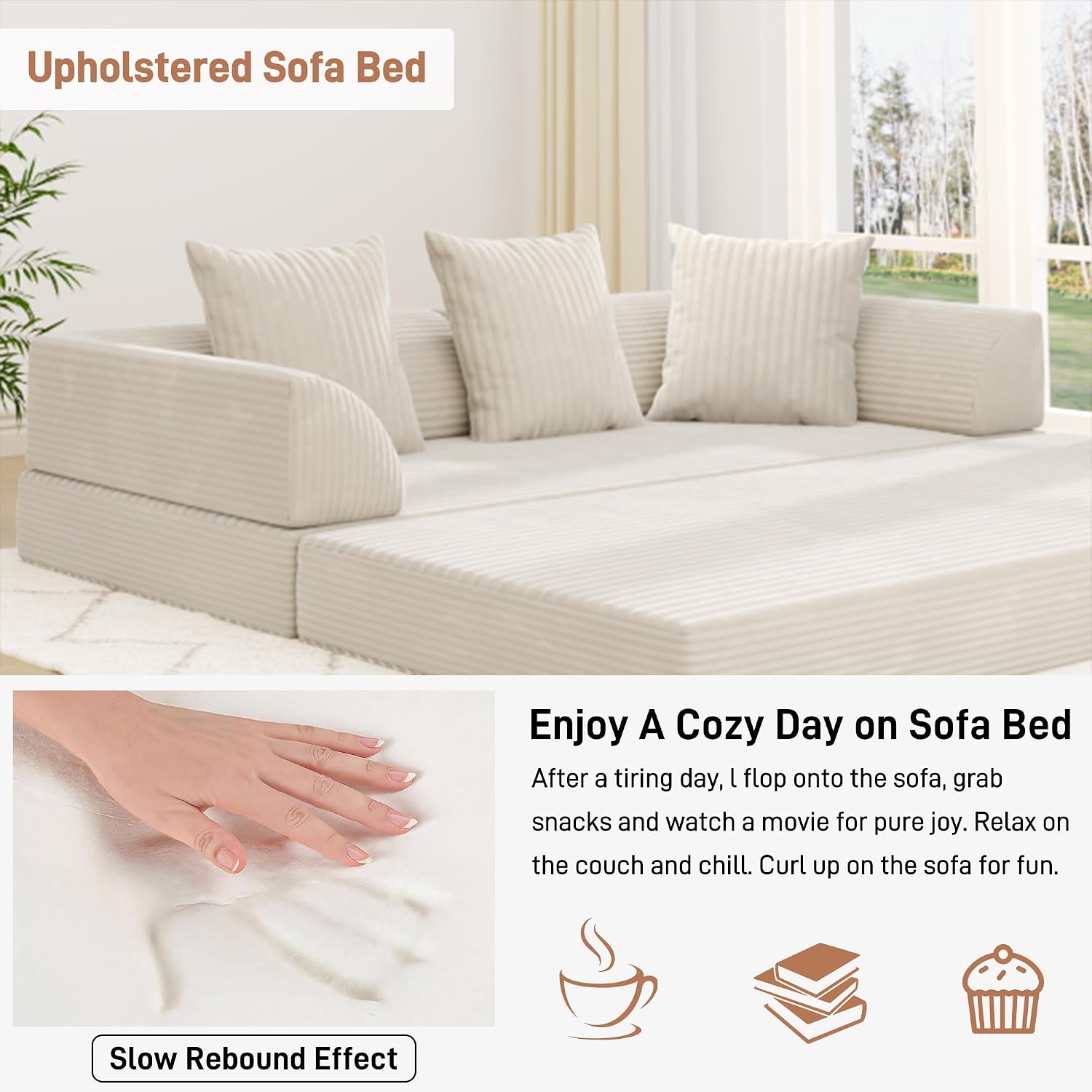 Folding Convertible Sofa Bed with 3 Pillows, 79 ' Corduroy Boneless Couch with Armrest Pockets, Lounge Loveseat Sleeper with Pull Out Bed, Memory Foam Compressed Sofa for Living Room Bedroom, Beige