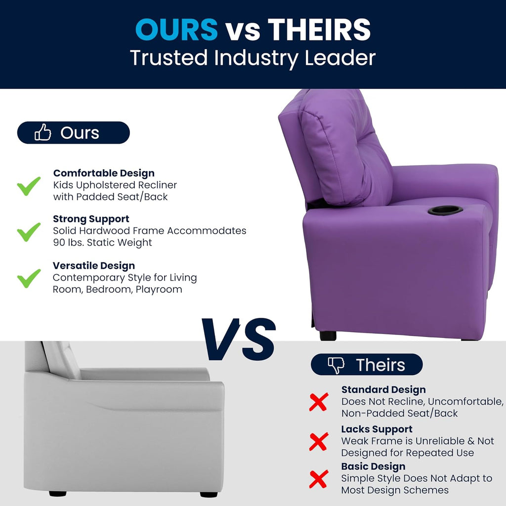 Flash Furniture Chandler Vinyl Kids Recliner with Cup Holder and Safety Recline, Contemporary Reclining Chair for Kids, Supports up to 90 lbs., Lavender