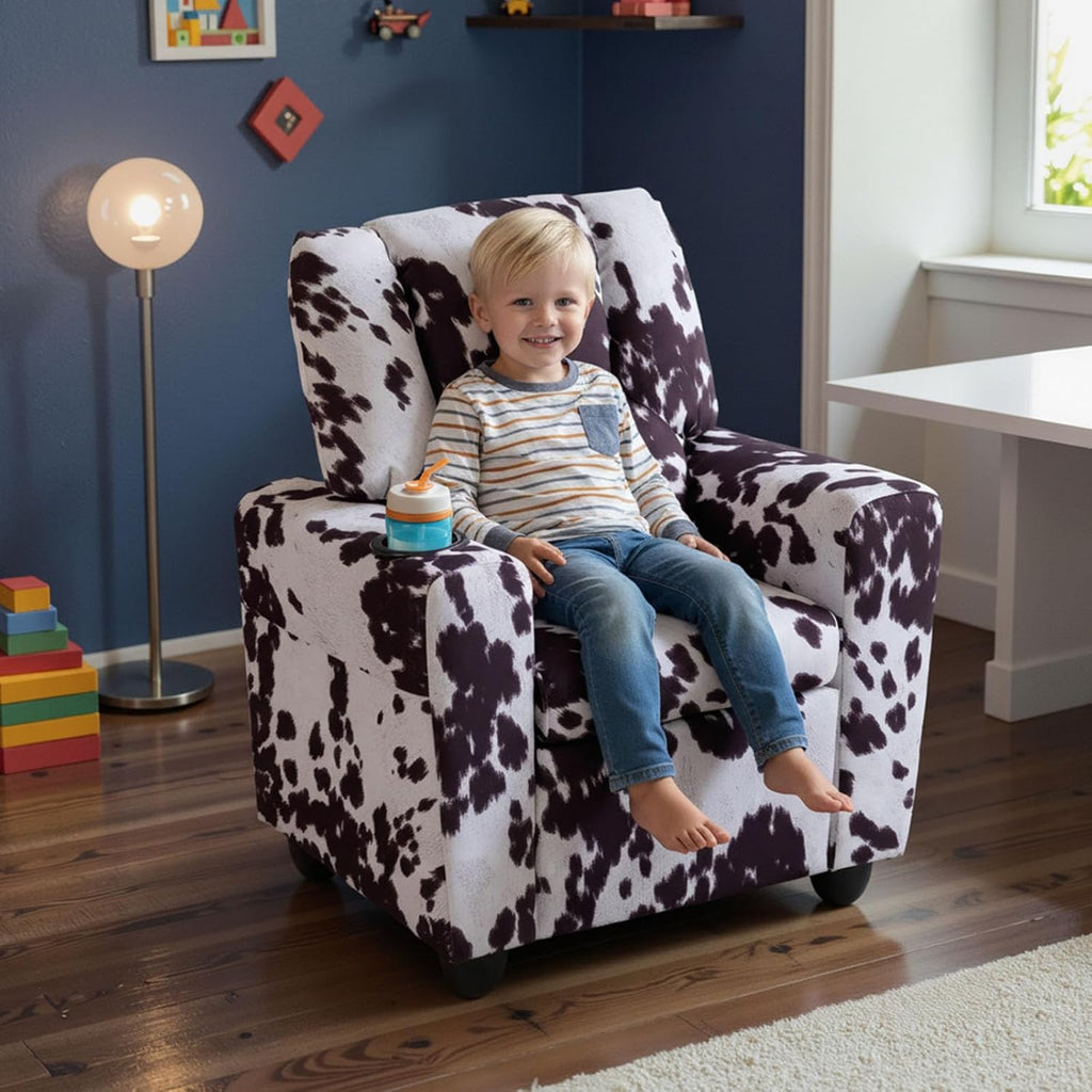 GLACER Kids Recliner with Cup Holder, Velvet Toddler Lounge Chair w/Adjustable Backrest & Footrest, Spring-Loaded Seat Cushion, Push Back Toddler Sofa for Boys & Girls Ages 3+ Years Old (Cow)