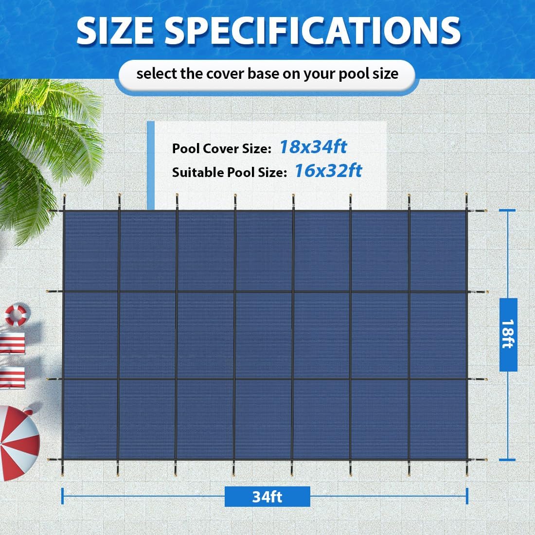 iCOVER Inground Pool Safety Cover, 16x32ft Rectangle Winter Safety Pool Cover for Inground Swimming Pools, Winter Pool Cover, Pool Covers for Inground Pools, Triple Stitched for High Strength, Blue