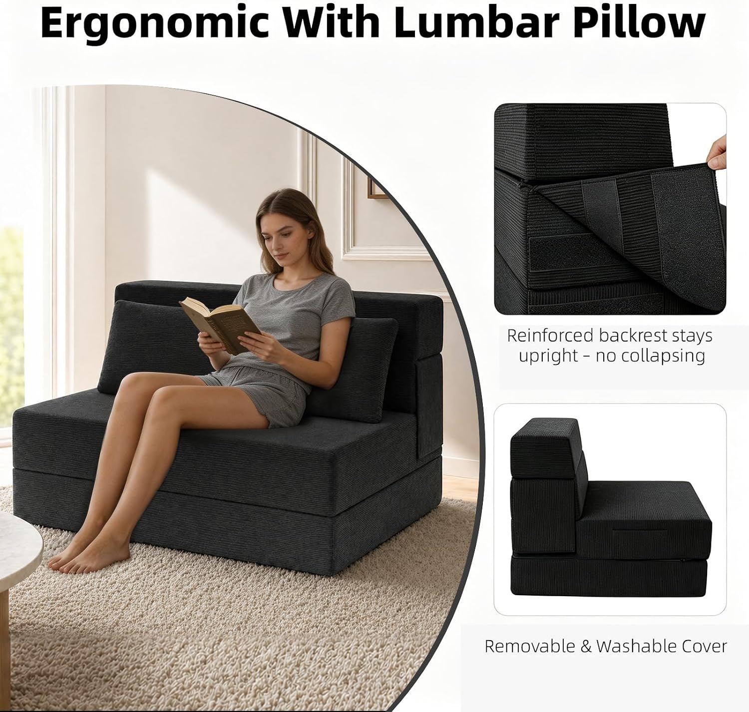 Folding Sofa Bed,Convertible Sleeper Chair with Pillow, Loveseat Fold Out Chair Bed, Memory Foam Floor Couch Mattress, Foldable Futon Couch Lounge for Living Room (Black-Corduroy, Twin)