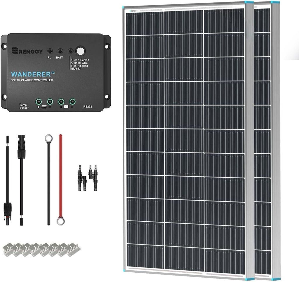 【New Upgrades】 Renogy 200 Watt Solar Panel Kit 12 Volt N-Type Starter Kit with 2 Pcs 100W Solar Panel and 30A PWM Charge Controller for RV, Boats, Trailer, Camper, Marine,Off-Grid System