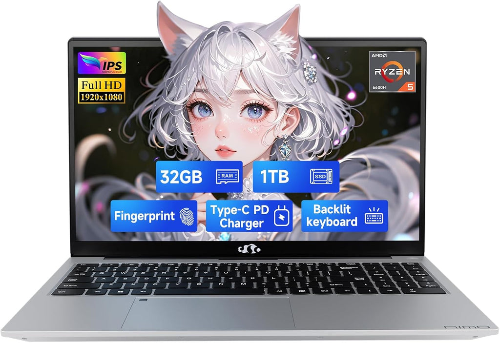 NIMO 15.6' IPS FHD-Gaming-Laptop, 6 Cores AMD Ryzen 5 6600H 32GB DDR5 RAM 1TB SSD (Beat i7-1165G7, Up to 4.5GHz) AMD Radeon 660M GPU-Computer with 100W GaN Type-C Backlit Keyboard Fingerprint Win 11