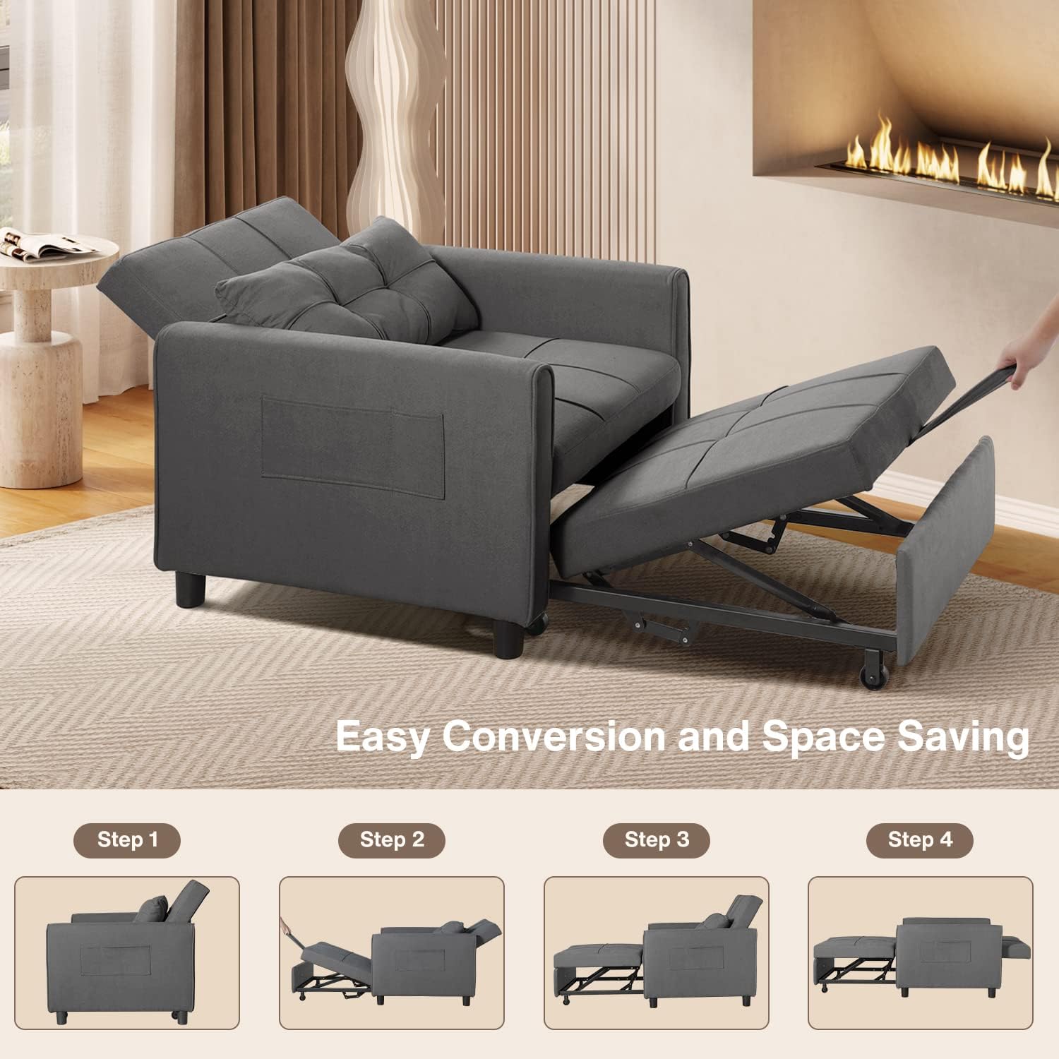 Aiho Sleeper Sofa Chair with Bed, 3-in-1 Convertible Sofa Bed in Modern Linen Fabric for Apartment Living Room Study, Dark Gray