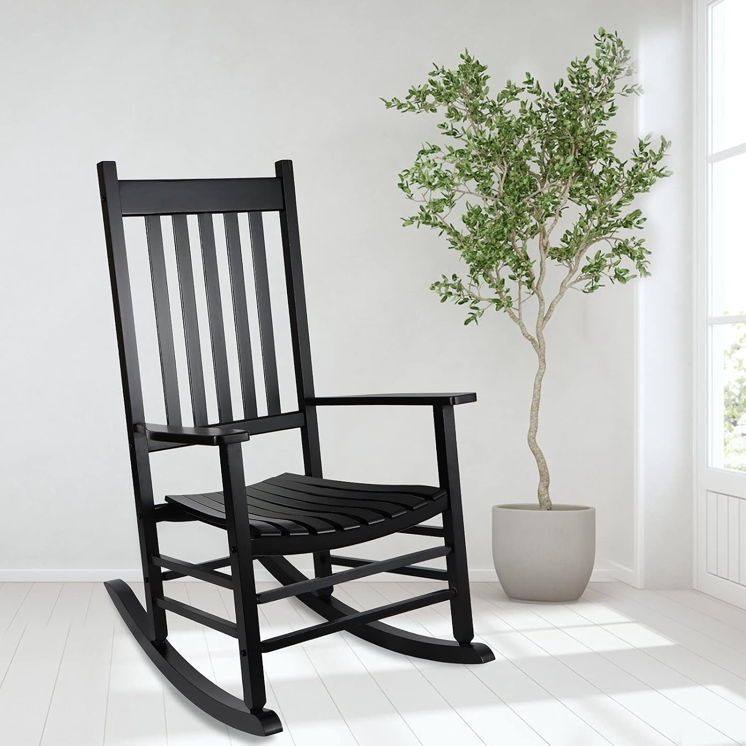 Rocking Chair Wooden Frame Chair Indoor and Outdoor Fade Resistant Rocker with 350lbs Weight Capacity All Weather Porch Rocker for Garden Lawn Balcony Backyard and Patio Porch (2, Black)