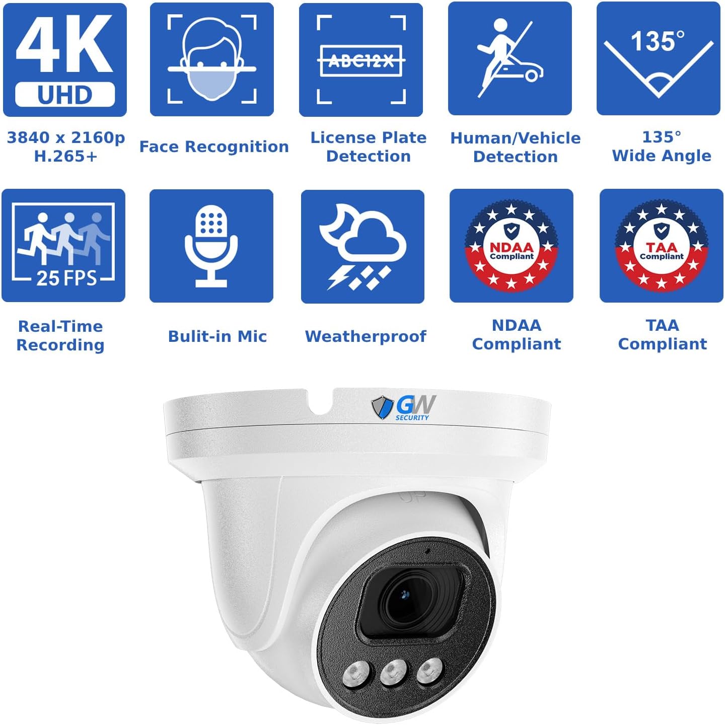 GW Security 8 Channel NVR UltraHD 4K Face Recognition NDAA & TAA Compliant Security Camera System with 4 x 8MP @25FPS Outdoor & Indoor PoE Turret Cameras, 10 Smart AI Functions