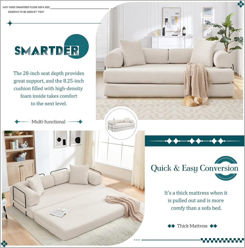 Convertible Folding Sofa Bed, Modular Floor Sofa with Removable Backrest, 3-Seater Fold Out Couch Bed with Pillows, King Size Futon Lazy Couch Corduroy Sleeper for Living Room, Dorm, Beige
