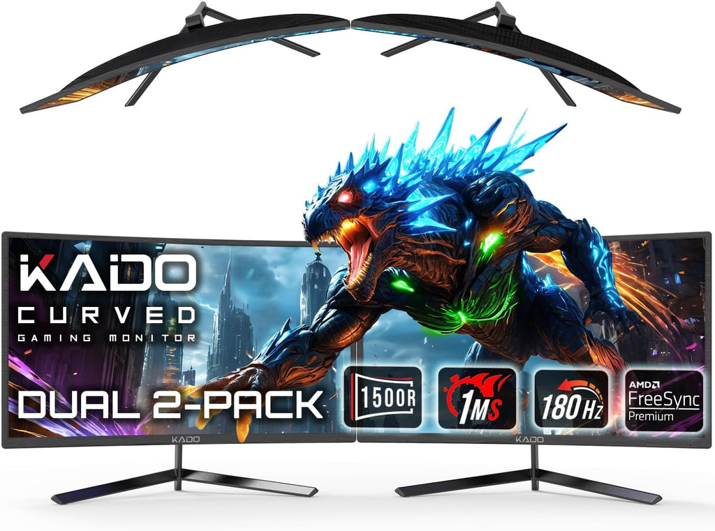 Kado Dual Gaming Monitor Setup - 2-Pack 24' 180Hz 1ms Curved 1500R 1920x1080, AMD FreeSync Premium, Panoramic Gaming Multi-View Split Screen Streaming, VESA Mount HDMI DisplayPort Built-in Speakers