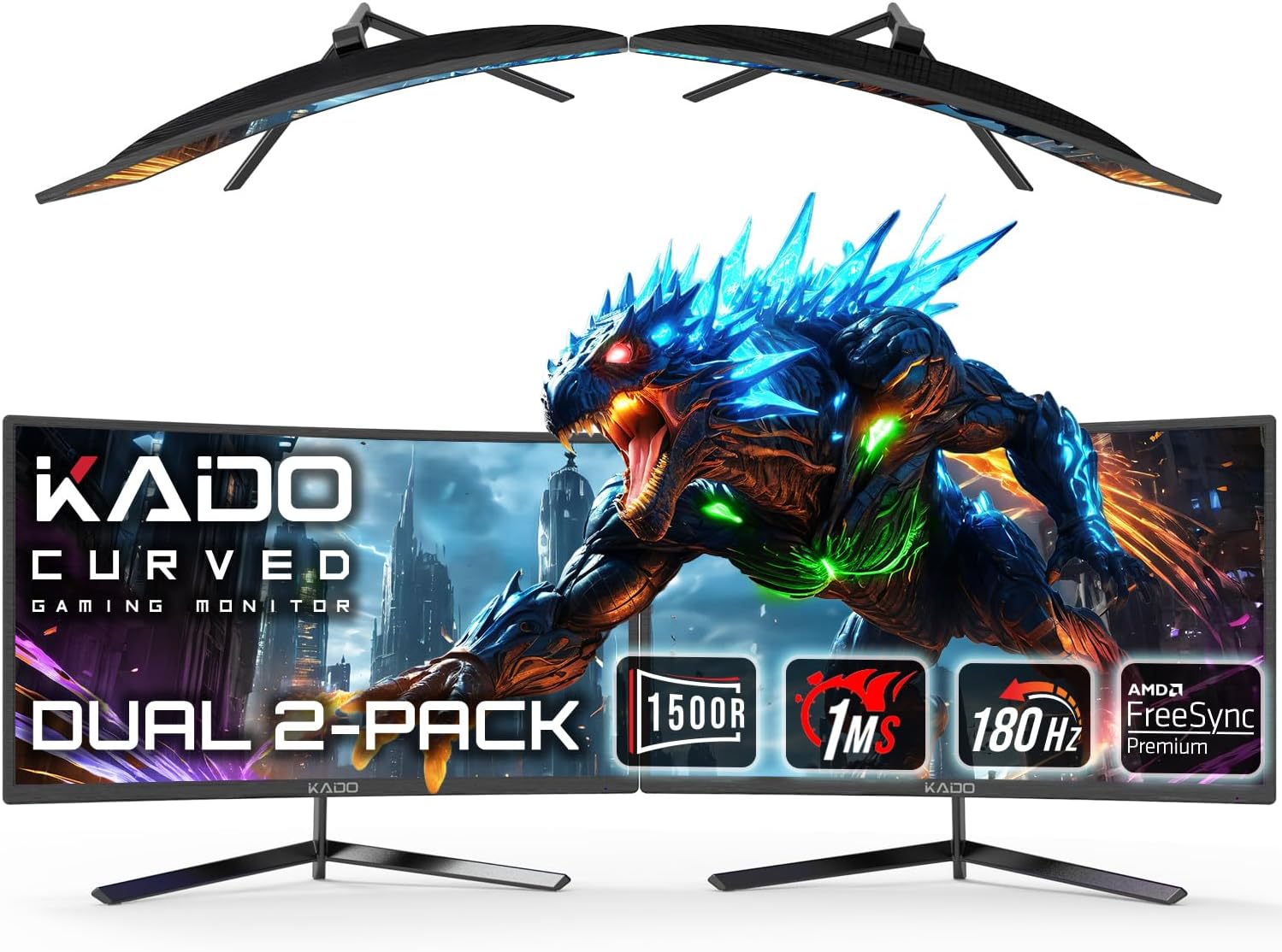 Kado Dual Gaming Monitor Setup - 2-Pack 24' 180Hz 1ms Curved 1500R 1920x1080, AMD FreeSync Premium, Panoramic Gaming Multi-View Split Screen Streaming, VESA Mount HDMI DisplayPort Built-in Speakers