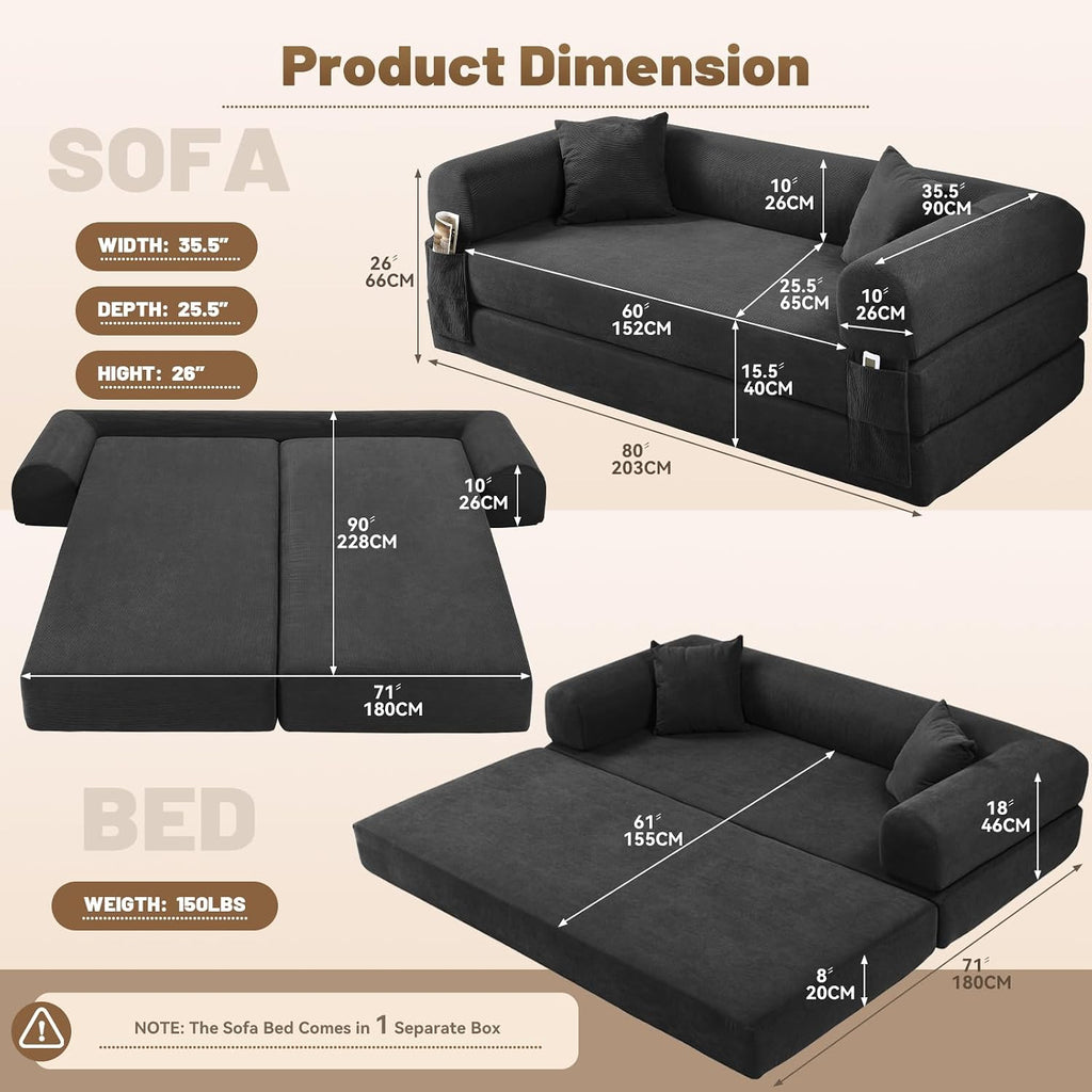 Convertible Futon Sofa Bed,80' Folding Pull Out Couch Bed with Pillows & Storage,Queen Sleeper Sofa Bed,Compressed Couch in a Box,Corduroy Boneless Couches for Living Room,Deep Gray