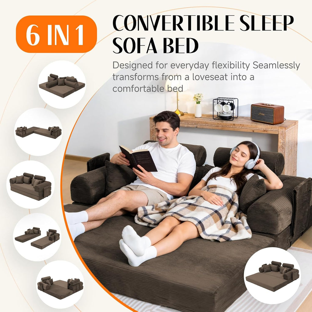 79' Convertible Boneless Couch for Small Spaces, 6-in-1 Corduroy Sofa Bed with High Backrest, Pillows, High-Density Foam Loveseat Sleeper Couch in a Box for Living Room, No Assembly, Brown