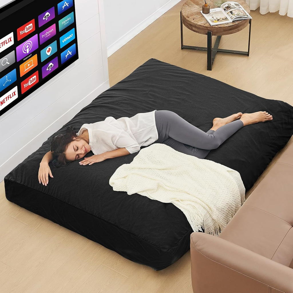 Bean Bag Chairs for Adults - Giant Bean Bag Chair Convertible Bean Bag Bed - Beanbag Chair with Micro Fiber Cover/Furniture Foam Filler - Floor Couch Sofa in Bedroom Dorm Room - Queen Carbon Black