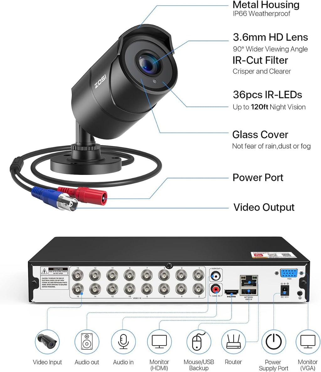 ZOSI 16CH 3K Lite Security Camera System with Audio, AI Human/Vehicle Detection, Night Vision, 16 x 1080P Metal Weatherproof Wired Cameras, 16 Channel Surveillance DVR with 4TB HDD for 24/7 Recording