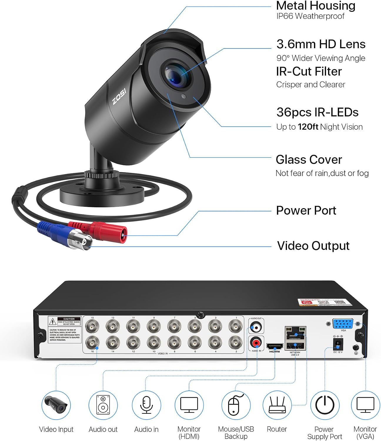 ZOSI 16CH 3K Lite Security Camera System with Audio, AI Human/Vehicle Detection, Night Vision, 16 x 1080P Metal Weatherproof Wired Cameras, 16 Channel Surveillance DVR with 4TB HDD for 24/7 Recording