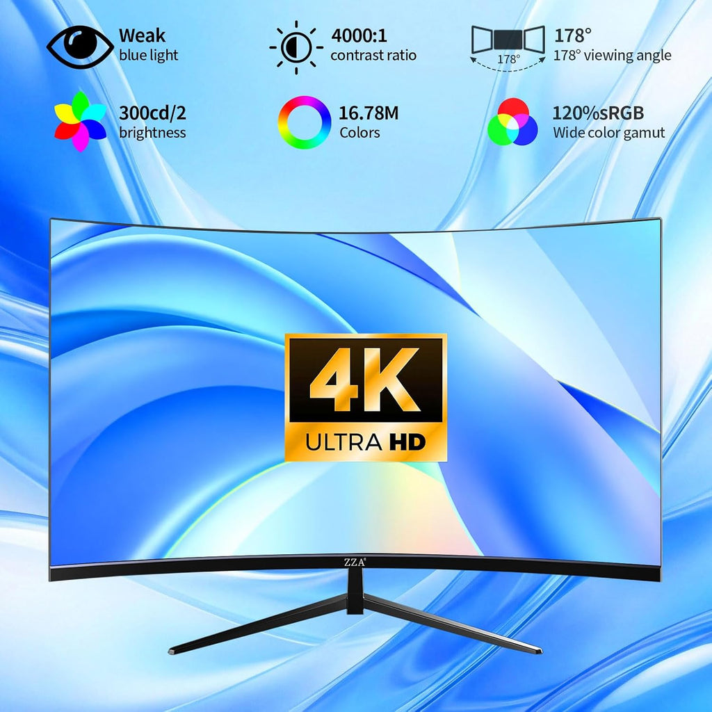 ZZA 32 Inch Curved Gaming Monitor,UHD 3840 * 2160 60Hz 4K PC Monitor, Curved 1500R,4000:1 Contrast,1Ms MPRT,HDR,FreeSync,VA,HDMI DP1.4