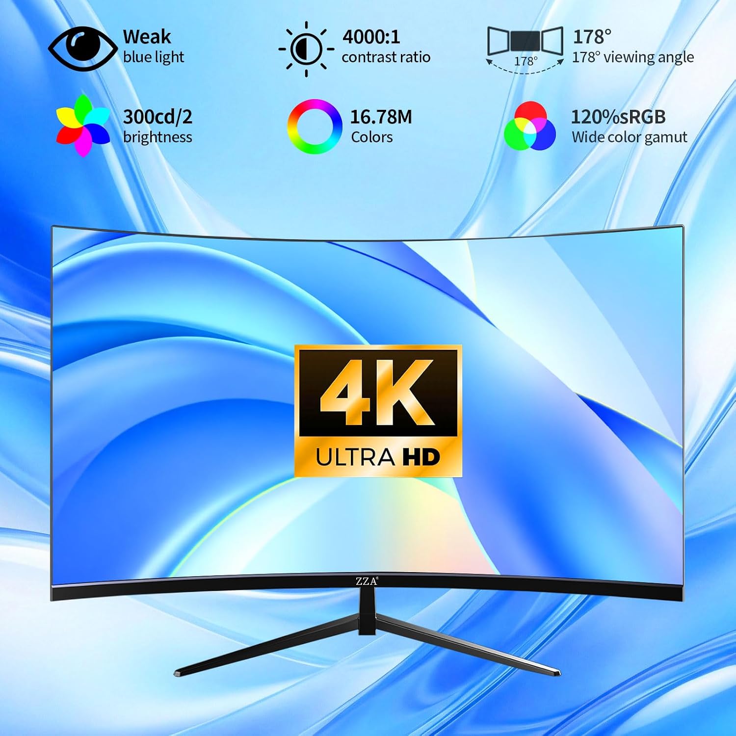 ZZA 32 Inch Curved Gaming Monitor,UHD 3840 * 2160 60Hz 4K PC Monitor, Curved 1500R,4000:1 Contrast,1Ms MPRT,HDR,FreeSync,VA,HDMI DP1.4