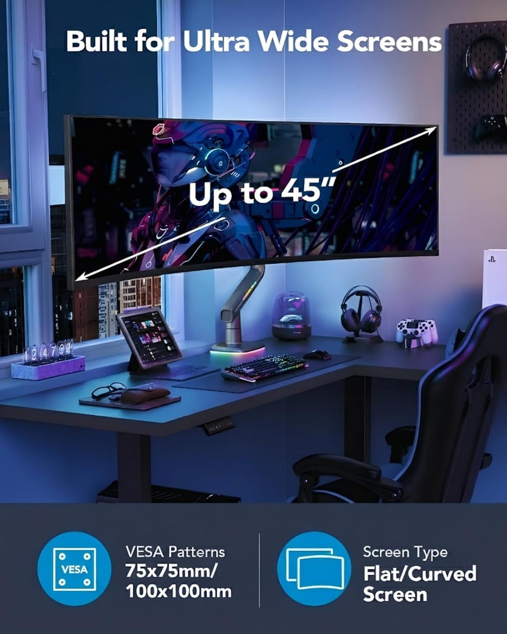 HUANUO 45 inch Monitor Arm, Heavy Duty Single Monitor Mount Holds 44 lbs for Ultrawide/Curved/Gaming Screen, Fully Adjustable with C-Clamp & Grommet Base, Max VESA 100x100mm, RGB