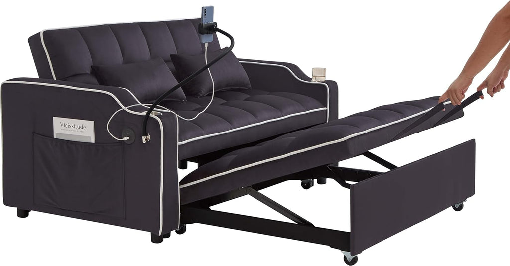 Convertible Sofa Bed, 3 in 1 Futon Sofa Bed with USB Charging Ports, Cup Holder, Phone Stand & Pocket, Modern Upholstered Sleeper Sofa for Living Room, Apartment or Small Space (Grey-L)