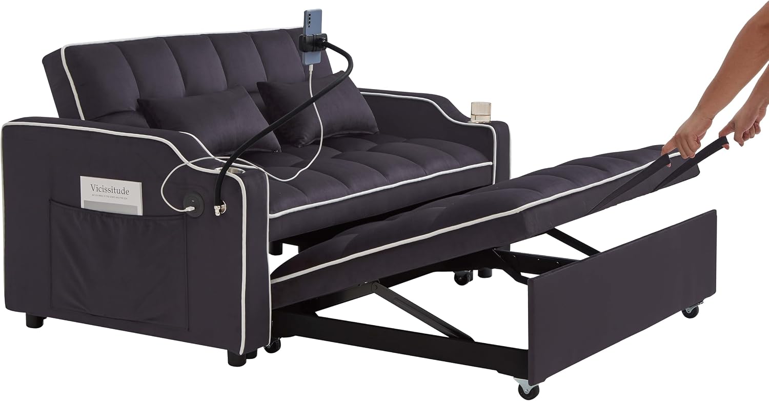 Convertible Sofa Bed, 3 in 1 Futon Sofa Bed with USB Charging Ports, Cup Holder, Phone Stand & Pocket, Modern Upholstered Sleeper Sofa for Living Room, Apartment or Small Space (Grey-L)