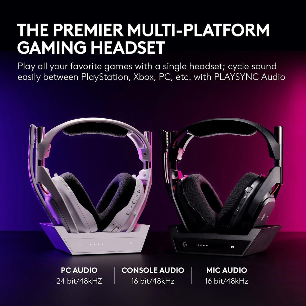 Logitech G Astro A50 Omni-Platform Wireless Gaming Headset + Base Station for PS5, Xbox, PC: PLAYSYNC Audio Switcher, <16 bit/48kHz (Console), <24 bit/48 kHz (PC), 2.4GHz & BT Black (Renewed)