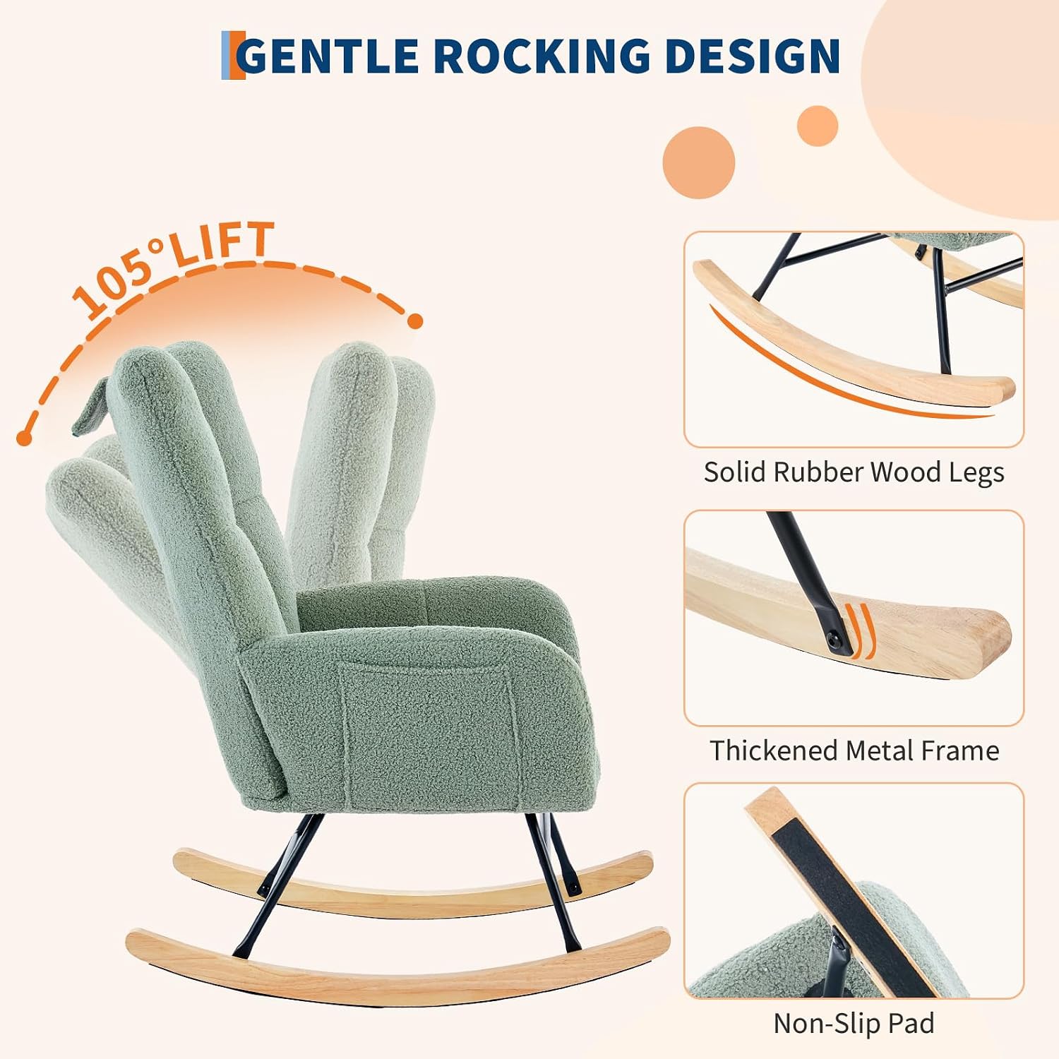 300lb Capacity Nursery Glider Rocker,Teddy Upholstered with Wood Legs for Living Room,Bedroom Nursery Includes Side Pockets