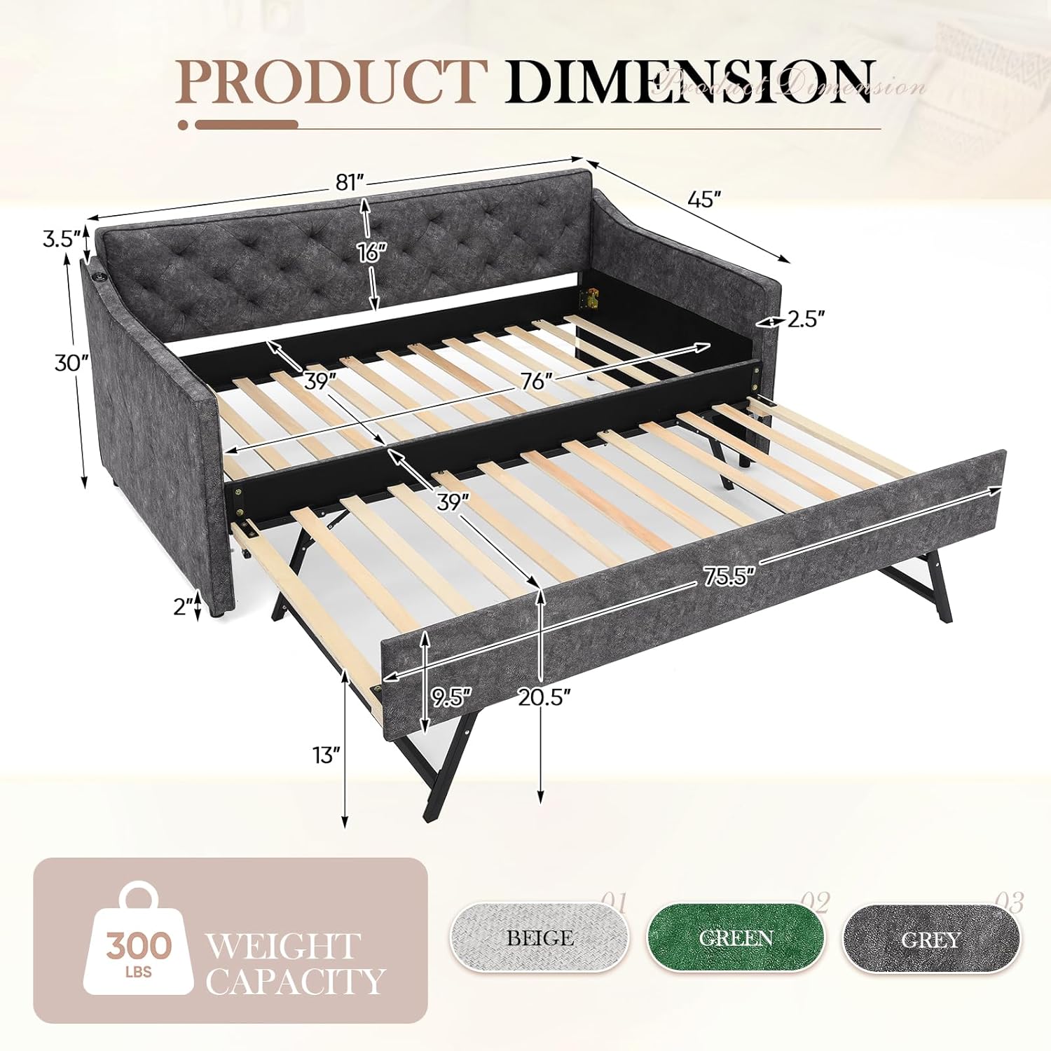 Antetek Daybed with Pop up Trundle, Fabric Upholstered Twin Size Day Bed Pull-Point Sofa Daybed Frame w/Twin Roll-Out Trundle/USB Port, Furniture for Bedroom, Living Room, Guest Room, Grey