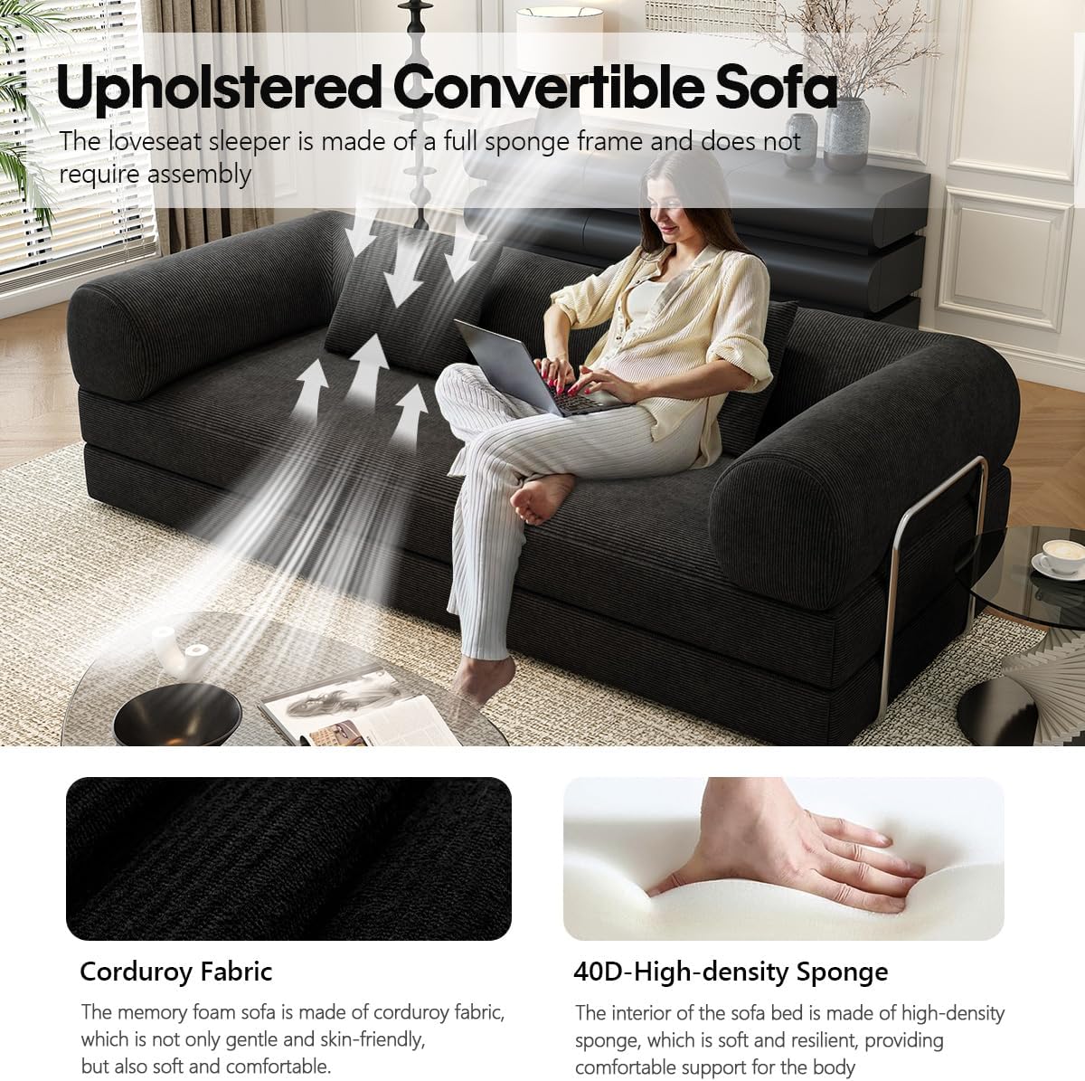 78.8' Modular Sofa Bed - 4-in-1 Convertible Design with Corduroy Fabric and High Density Sponge, Removable Cover and Fixed Frame