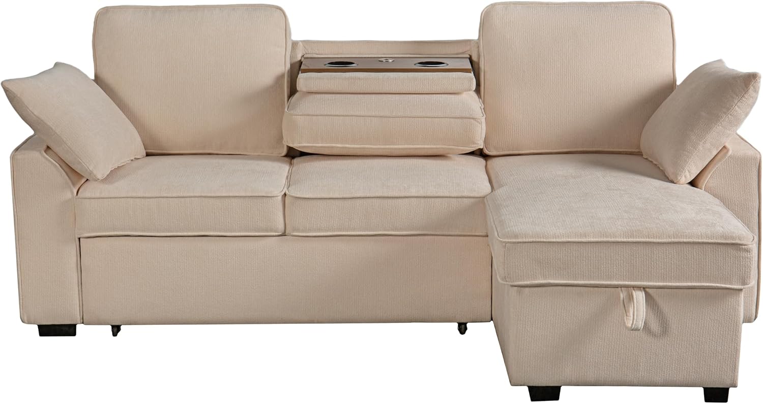 Ball & Cast L-Shape Reversible Sectional Sleeper Sofa Bed 4 in 1 Pull Out Couch with Storage Chaise,Cup Holders & USB Ports,Convertible Sleeper Corner Couch Pull-Out Sofa Bed for Living Room,Office