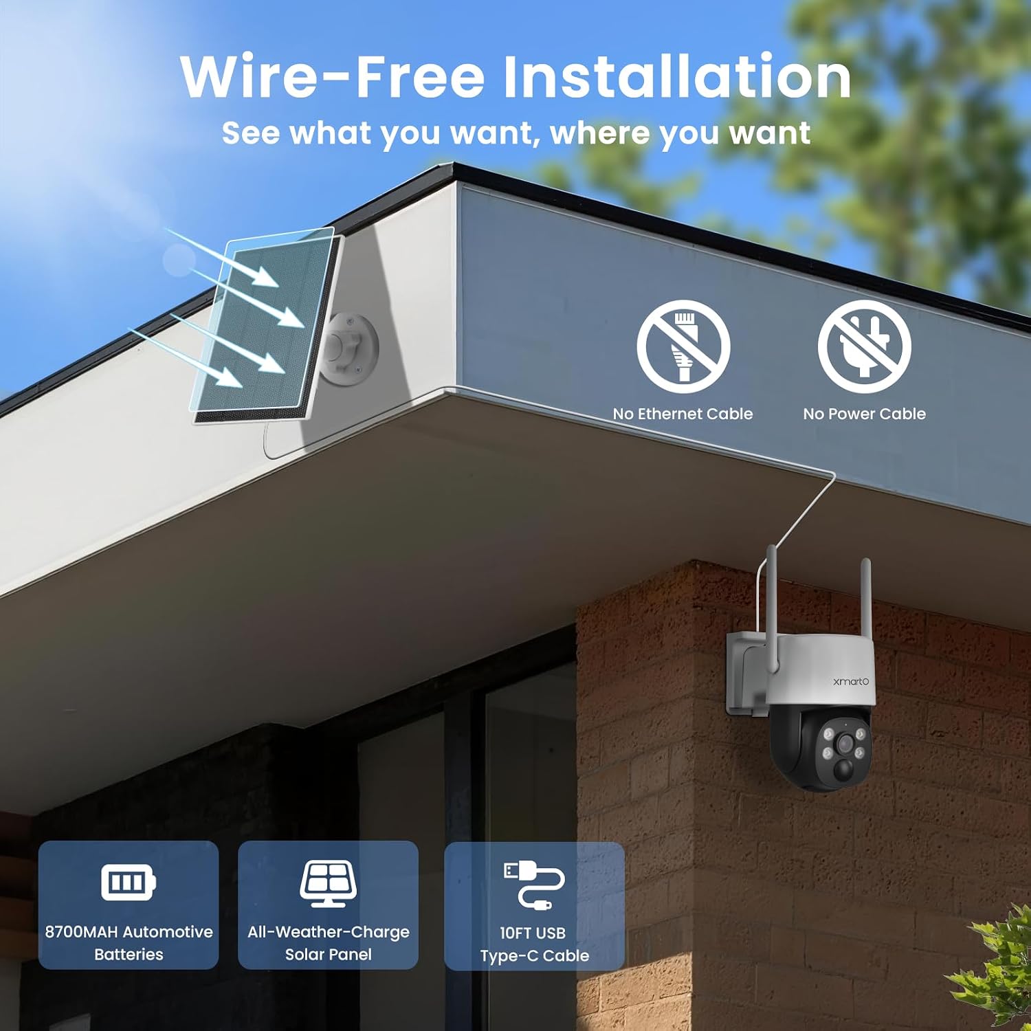 xmartO Solar Camera Outdoor Wireless, 4 PCs QHD 4MP Wireless PTZ Security Camera System with 4K 10CH Expandable WiFi NVR, All-Weather Solar Charge, Two-Way Audio, PIR Sensor, No Monthly Fee, 500GB