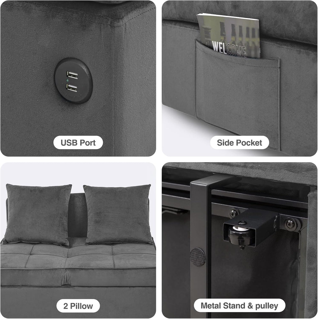 Sofa Bed 4-in-1 Convertible pull out Couch, Velvet Love seat Couch Sleeper Chair Bed with 2 Throw Pillow, Single Recliner with 5 Adjustable Backrests for Living Room Apartment Small Space, Light Grey