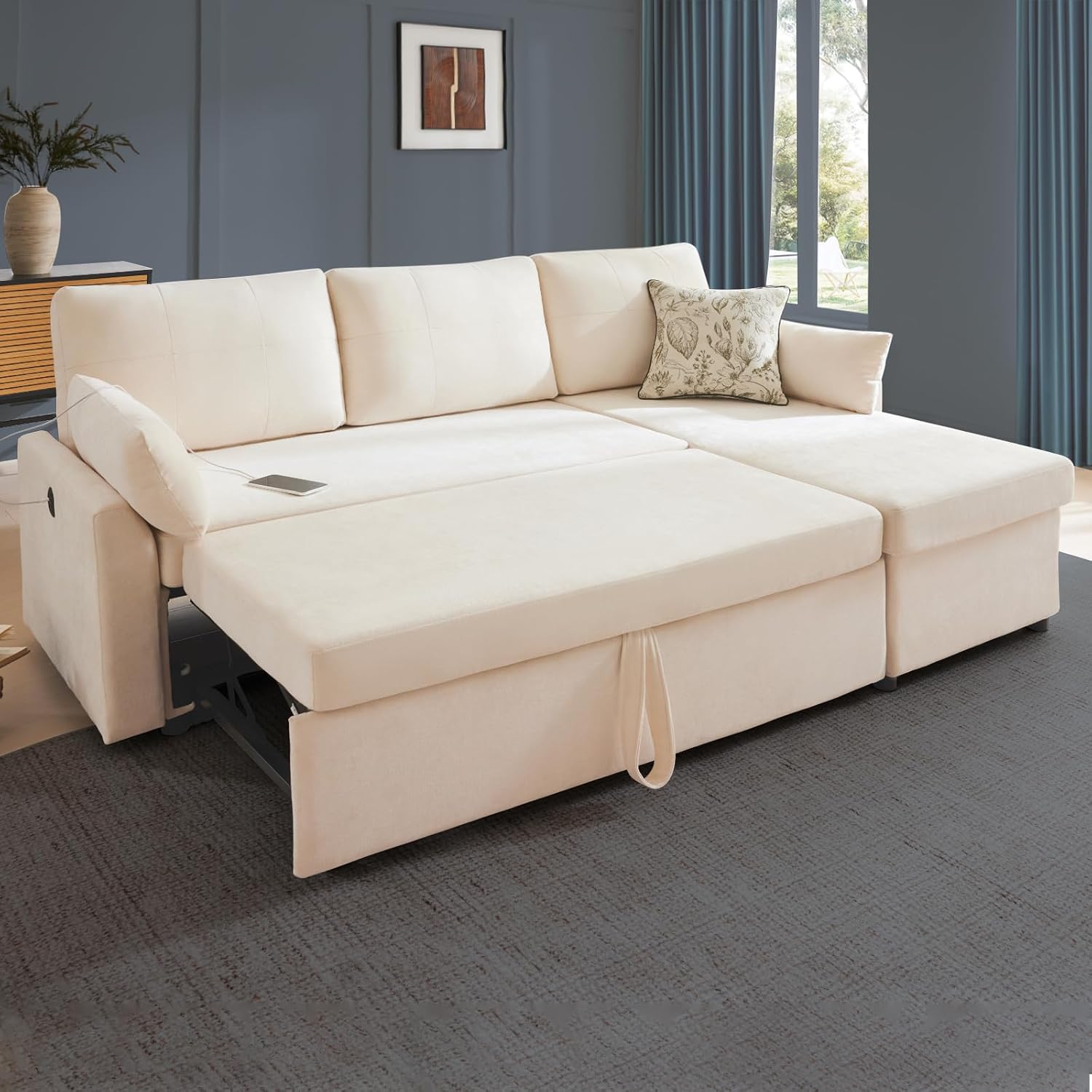 Waxberry 85' L Shaped Sectional Sofa Couch, Pull Out Couch Sleeper Sofa Bed for Living Room, Modular Chenille Deep Seat Sofa, Reversible Chaise, Storage, Side Pockets & Dual USB/Type-C Ports, Beige