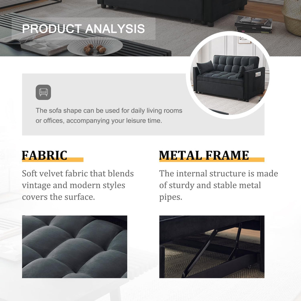 Futon Sofa Bed,Modern 3 in 1 Convertible Sleeper Sofa, Pull Out Couch Bed with Adjustable Backrest, Storage Pockets and Toss Pillows for Living Room, Bedroom (Black)