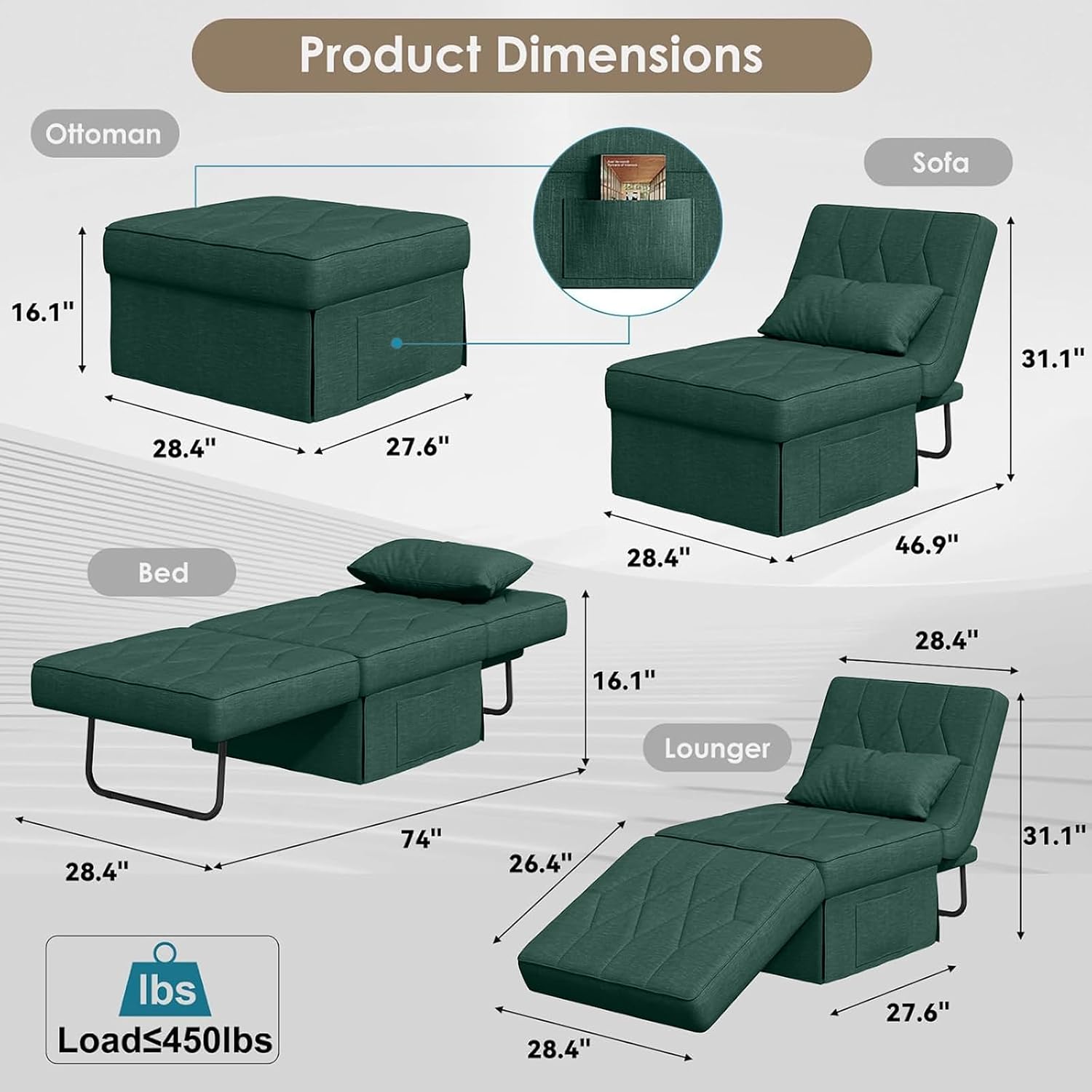 Ottoman Bed with 5-Level Adjustable Backrest, 74' D x 28' W 4-in-1 Convertible Sleeper Chair Bed, Folding Sofa Bed for Living Room, Apartment, Dorm & Small Space, Green