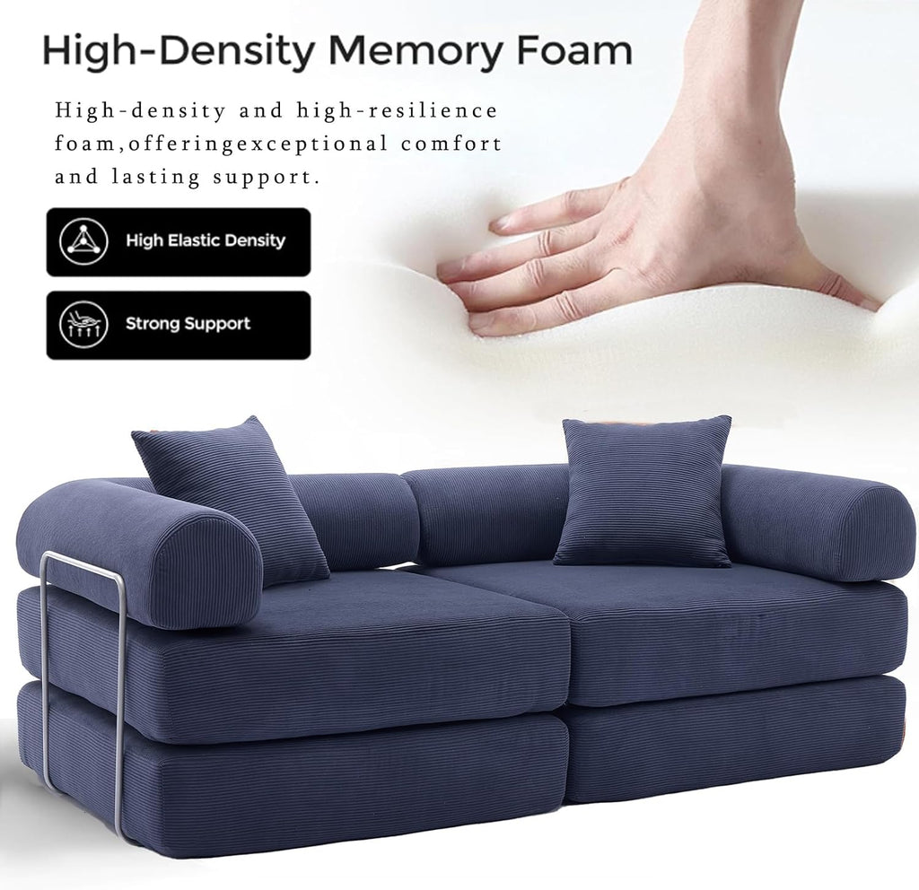 73' Convertible Modular Folding Sofa Bed, 5-in-1 DIY Combination Fold Out Sleeper Sofa Bed, Loveseat sleeper Couch with Removable Armrests, Corduroy Floor Couch, Small couches for small spaces, Blue