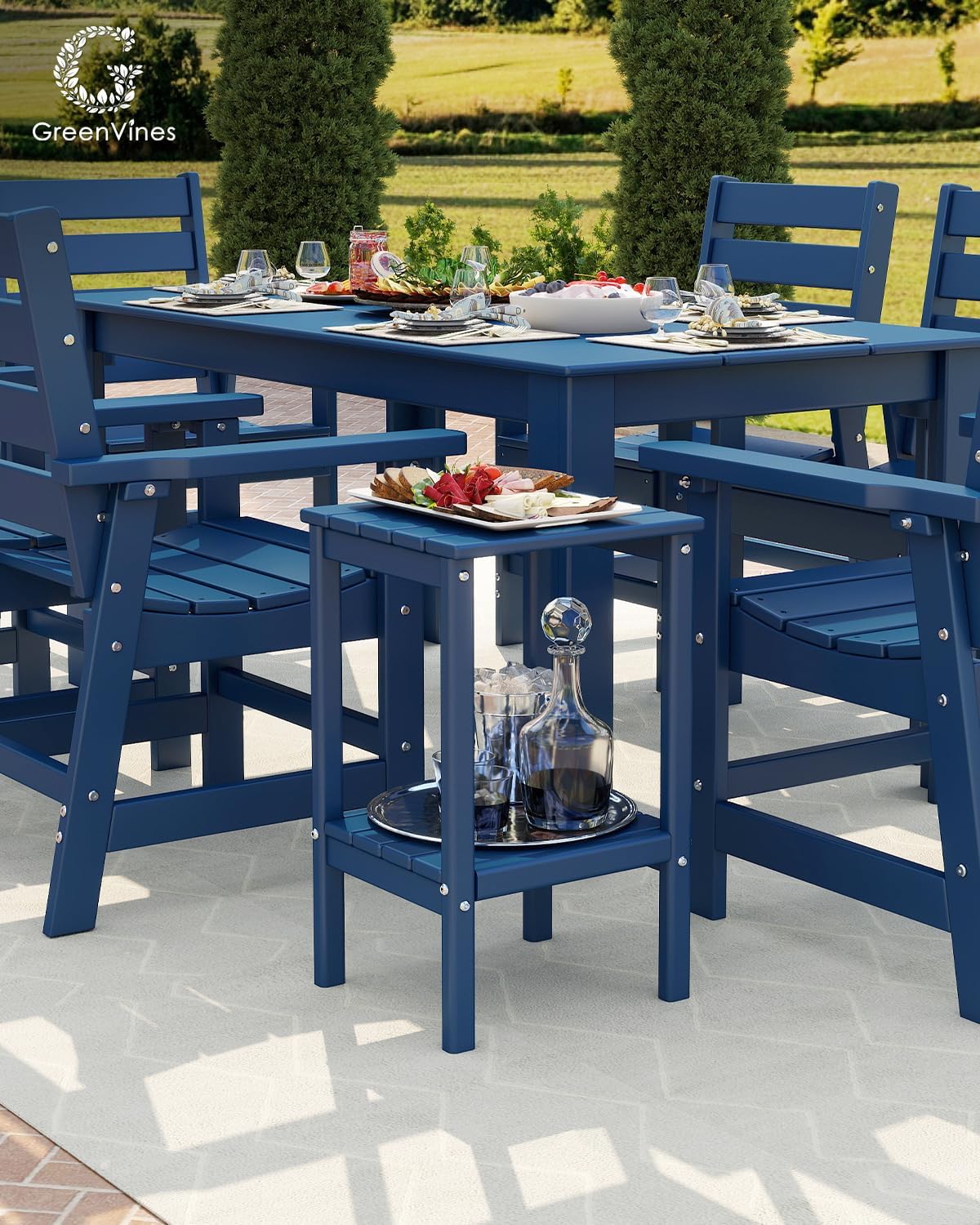 GREENVINES Tall-Outdoor-Side-Table Set of 2 | 23.5' | HDPE Plastic | Patio Adirondack End Tables | All Weather | 2-Tier | Blue | for Porch Garden Indoor & Rocking Chairs